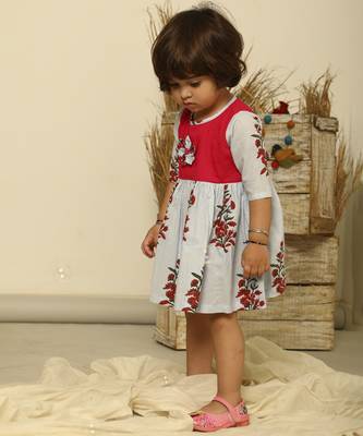 Powder blue floral printed cotton woven dress 3