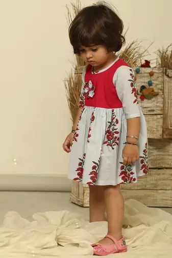 Powder blue floral printed cotton woven dress