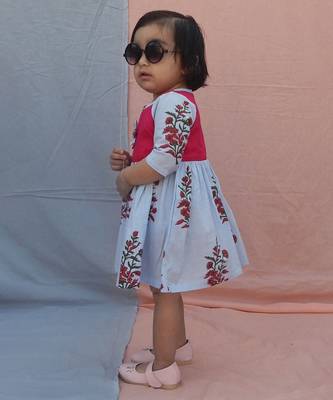 Powder blue floral printed cotton woven dress 4