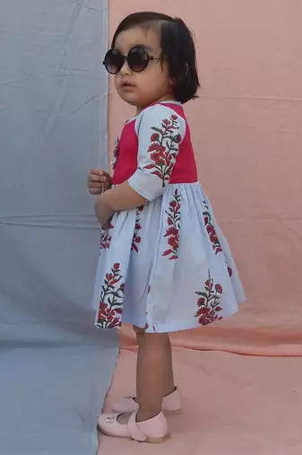 Powder blue floral printed cotton woven dress