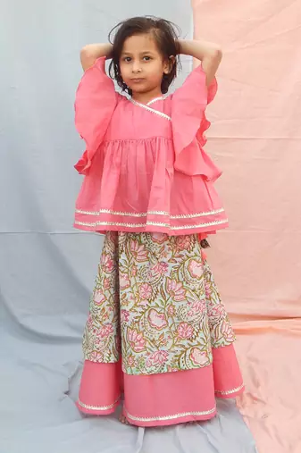 Pink cotton woven lehenga and top