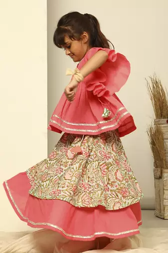 Pink cotton woven lehenga and top