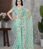mint green aari dori foil thread embroidered net saree