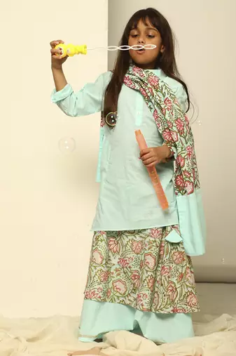Blue cotton woven lehenga and kurta