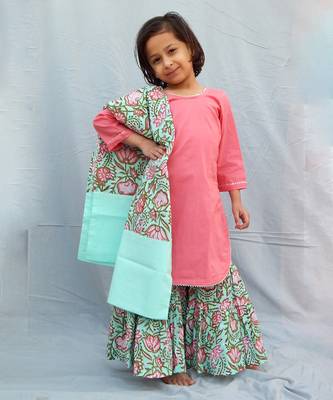 Pink cotton woven sharara with kurta and dupatta 1