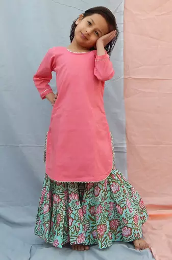 Pink cotton woven sharara with kurta and dupatta