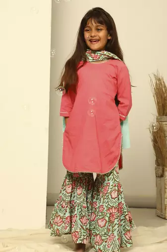 Pink cotton woven sharara with kurta and dupatta