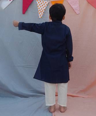Blue cotton woven  kurta pyjama for boys 4