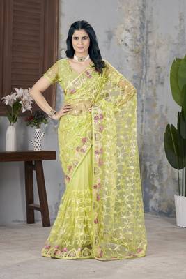 yellow aari dori foil thread embroidered net saree 1