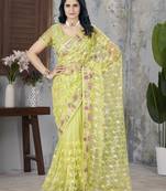 yellow aari dori foil thread embroidered net saree