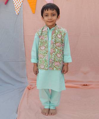 Blue cotton woven  boys kurta pyjama 1
