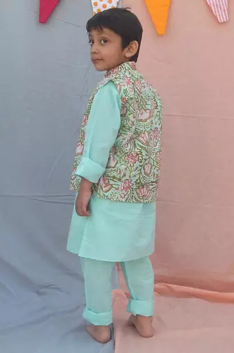 Blue cotton woven  boys kurta pyjama