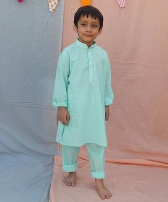 Blue cotton woven  boys kurta pyjama 3
