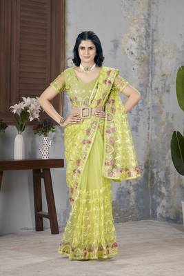 yellow aari dori foil thread embroidered net saree 3