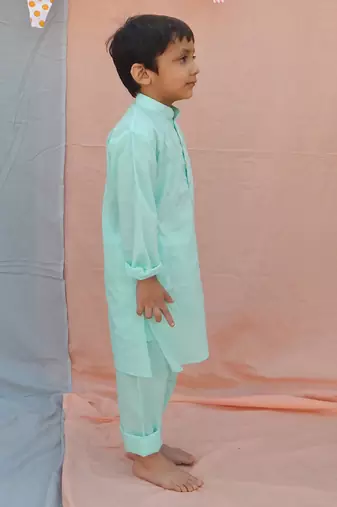 Blue solid cotton woven  kurta pyjama