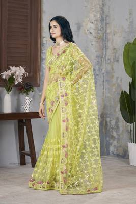 yellow aari dori foil thread embroidered net saree 4