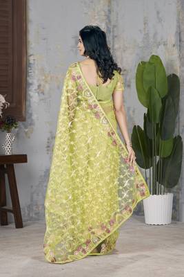 yellow aari dori foil thread embroidered net saree 5