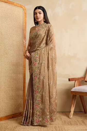 beige coding multi embroidered saree