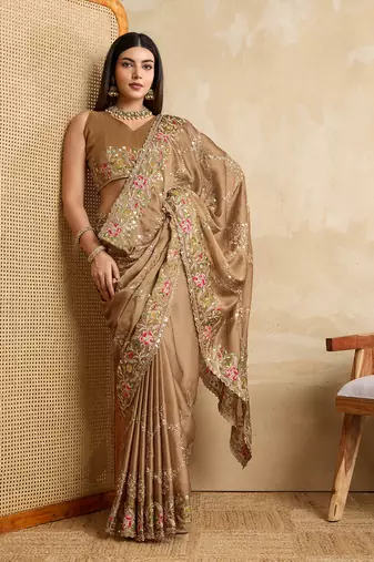 beige coding multi embroidered saree