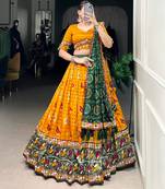 Yellow Bandhani Printed Lehenga with Foil Mirror choli and Green Dupatta