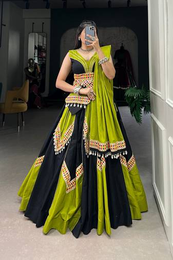 Black and Parrot Green Embroidered Lehenga choli with Shell Lace Dupatta