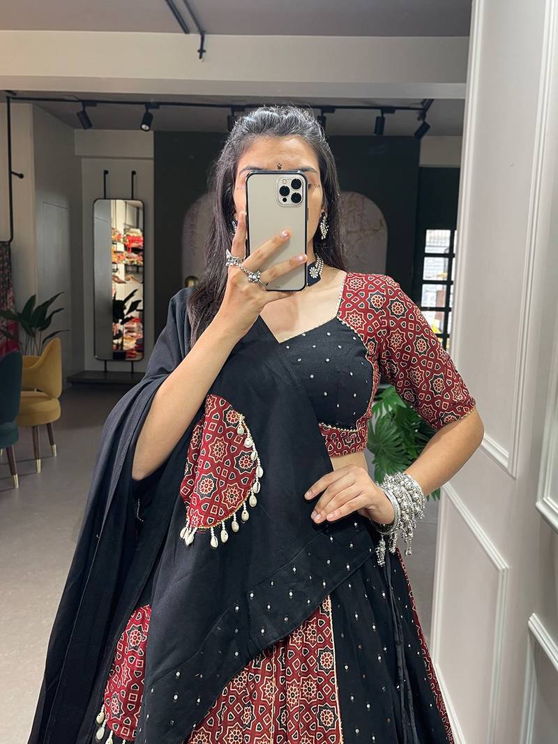 Black and Maroon Ajrakh Printed Cotton Lehenga choli with Mirror Dupatta