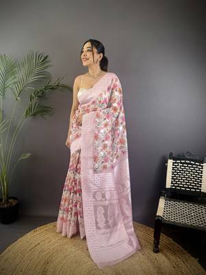pastel pink Silk blend floral motifs coppery tone banarasi saree 1