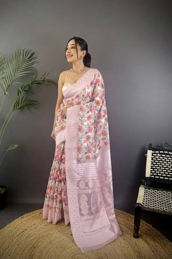 pastel pink Silk blend floral motifs coppery tone banarasi saree