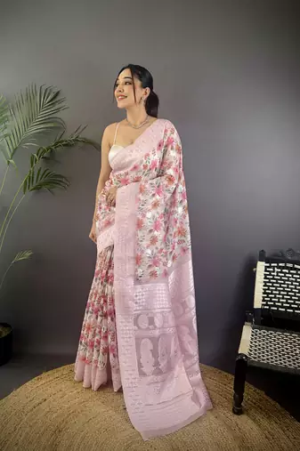 pastel pink Silk blend floral motifs coppery tone banarasi saree