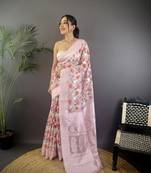 pastel pink Silk blend floral motifs coppery tone banarasi saree