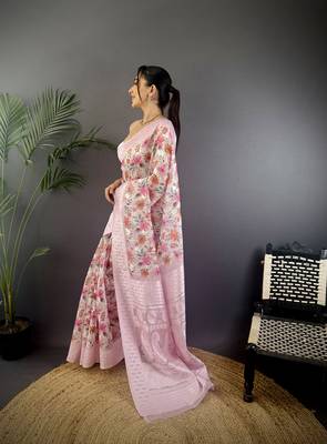 pastel pink Silk blend floral motifs coppery tone banarasi saree 2