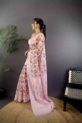 pastel pink Silk blend floral motifs coppery tone banarasi saree