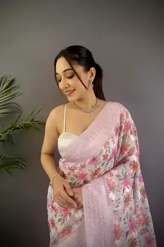 pastel pink Silk blend floral motifs coppery tone banarasi saree