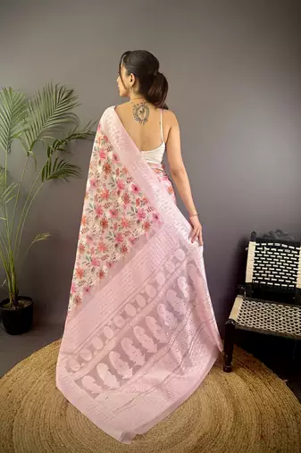 pastel pink Silk blend floral motifs coppery tone banarasi saree