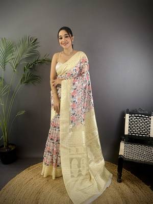 cream Silk blend floral motifs coppery tone banarasi saree 1