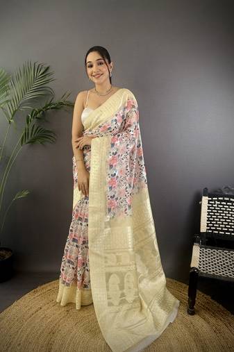 cream Silk blend floral motifs coppery tone banarasi saree
