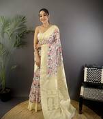 cream Silk blend floral motifs coppery tone banarasi saree
