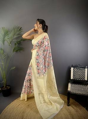 cream Silk blend floral motifs coppery tone banarasi saree 2