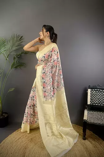 cream Silk blend floral motifs coppery tone banarasi saree