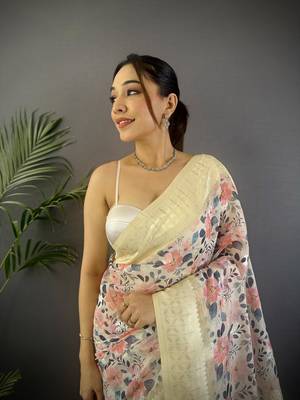 cream Silk blend floral motifs coppery tone banarasi saree 3