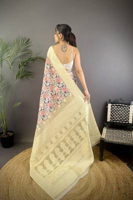 cream Silk blend floral motifs coppery tone banarasi saree 4