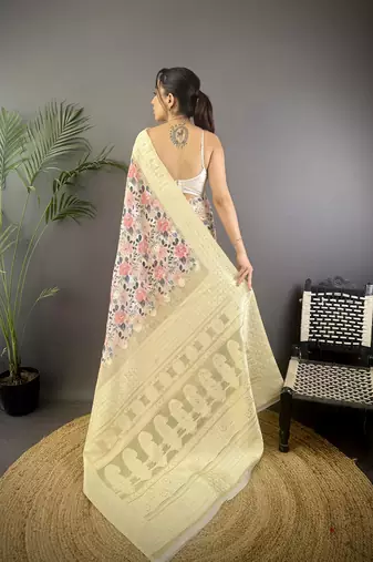 cream Silk blend floral motifs coppery tone banarasi saree
