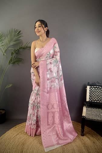 baby pink Silk blend floral motifs coppery tone banarasi saree