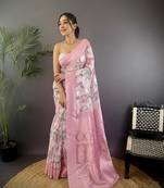 baby pink Silk blend floral motifs coppery tone banarasi saree