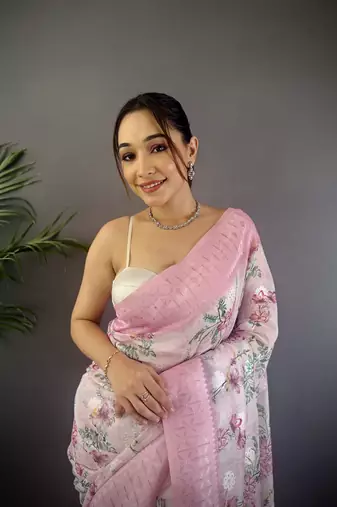 baby pink Silk blend floral motifs coppery tone banarasi saree