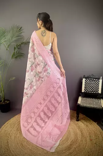 baby pink Silk blend floral motifs coppery tone banarasi saree