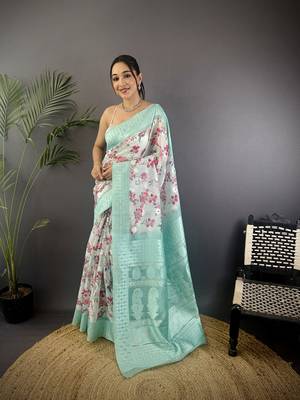 cyan blue Silk blend floral motifs coppery tone banarasi saree 1