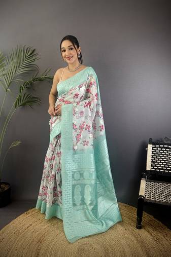 cyan blue Silk blend floral motifs coppery tone banarasi saree