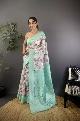 cyan blue Silk blend floral motifs coppery tone banarasi saree