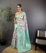 cyan blue Silk blend floral motifs coppery tone banarasi saree